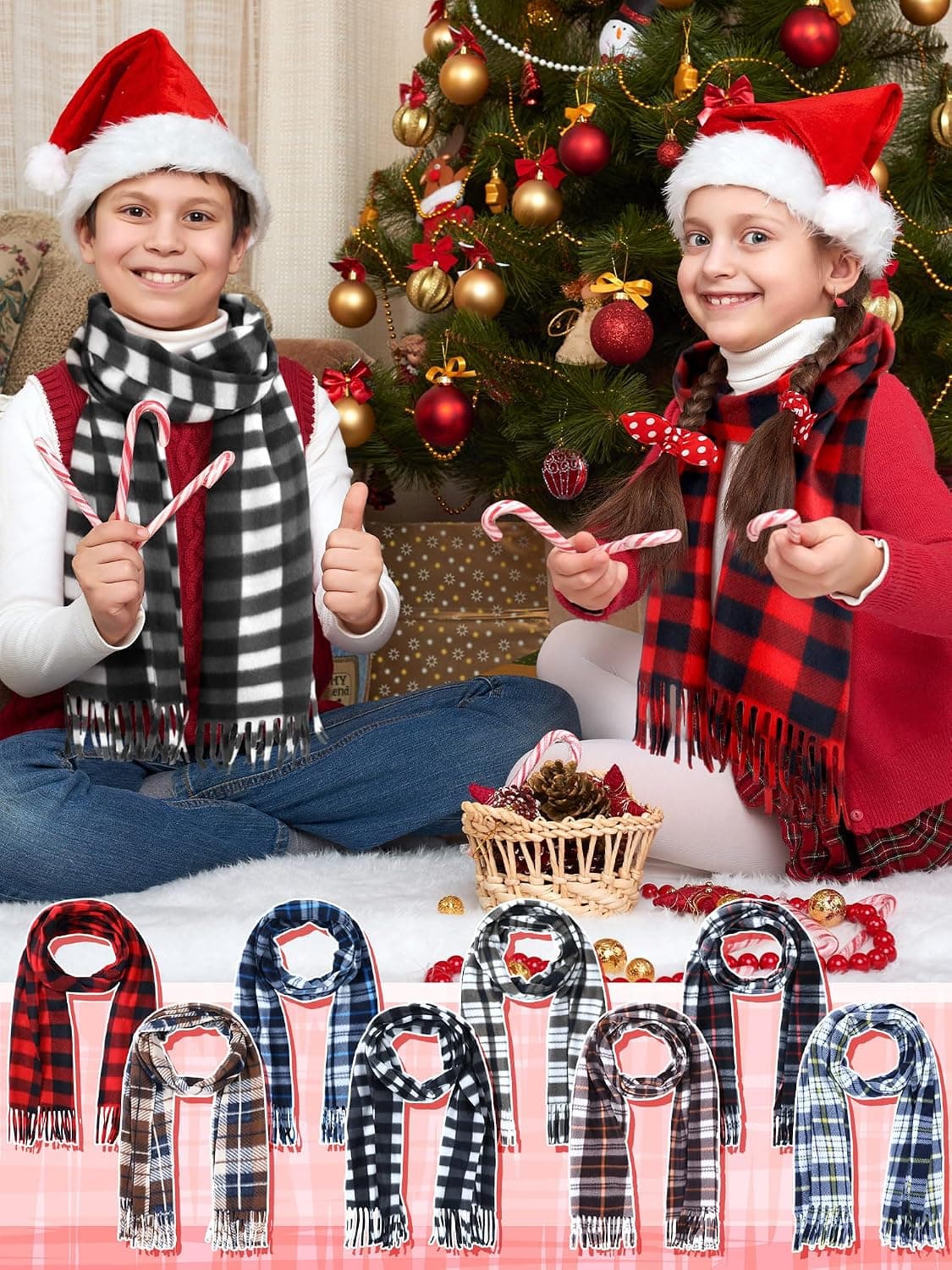 8 Pcs Kids Buffalo Plaid Winter Scarves — photo 3