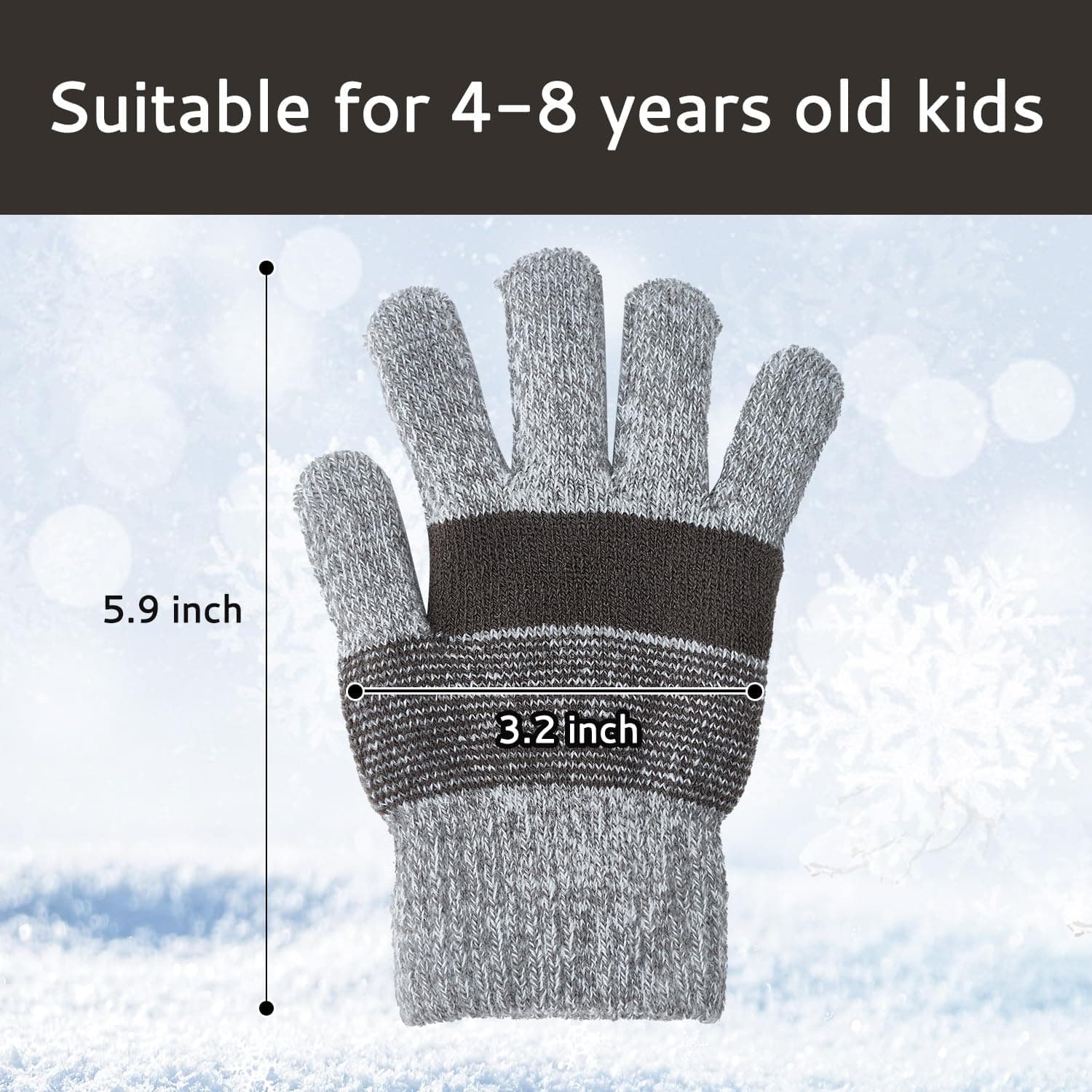 Kids Knit Fleece Lined Winter Gloves, Ages 4-8, Gray — photo 3