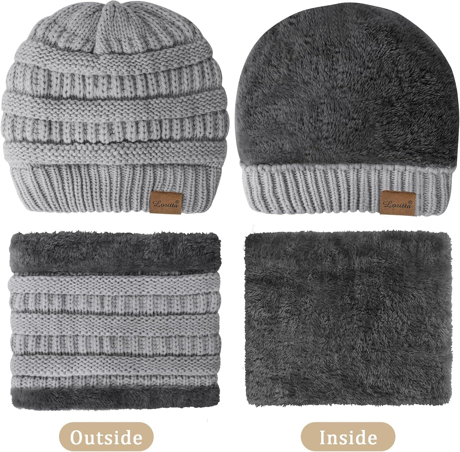 3 Pc Women's Winter Set, Beanie, Scarf & Touch Screen Gloves, Light Gray — photo 3