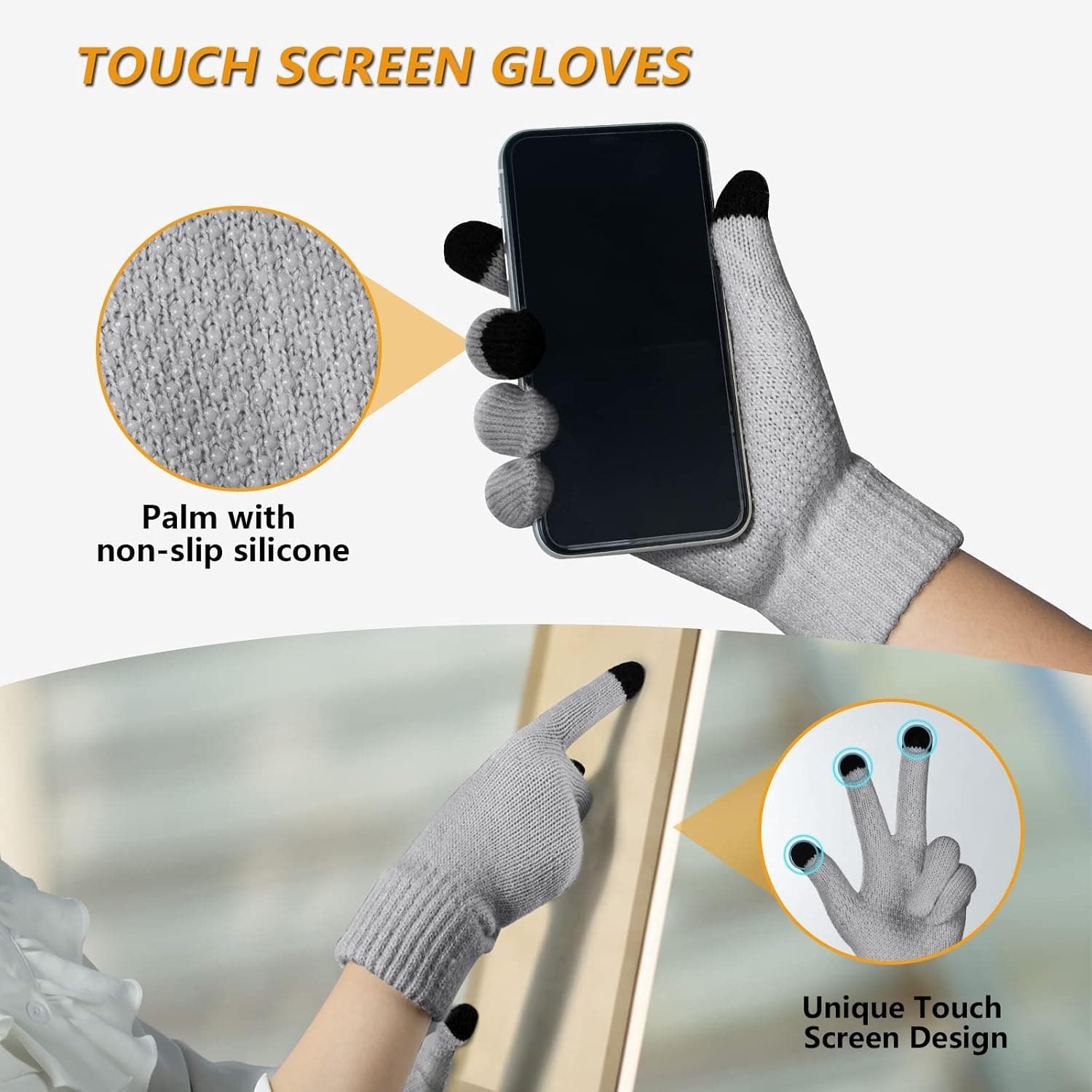 3 Pc Women's Winter Set, Beanie, Scarf & Touch Screen Gloves, Light Gray — photo 2