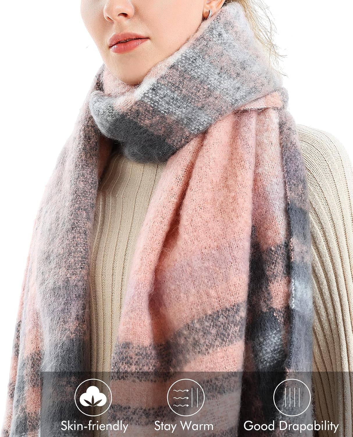 Women's Oversized Plaid Winter Scarf Shawl, Pink & Gray — photo 2