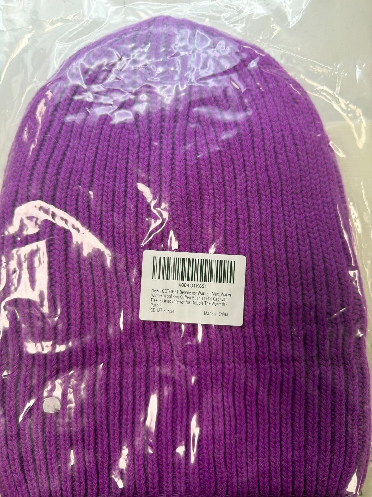 Unisex Wool Knit Cuffed Beanie, Fleece Lined, Purple — photo 4