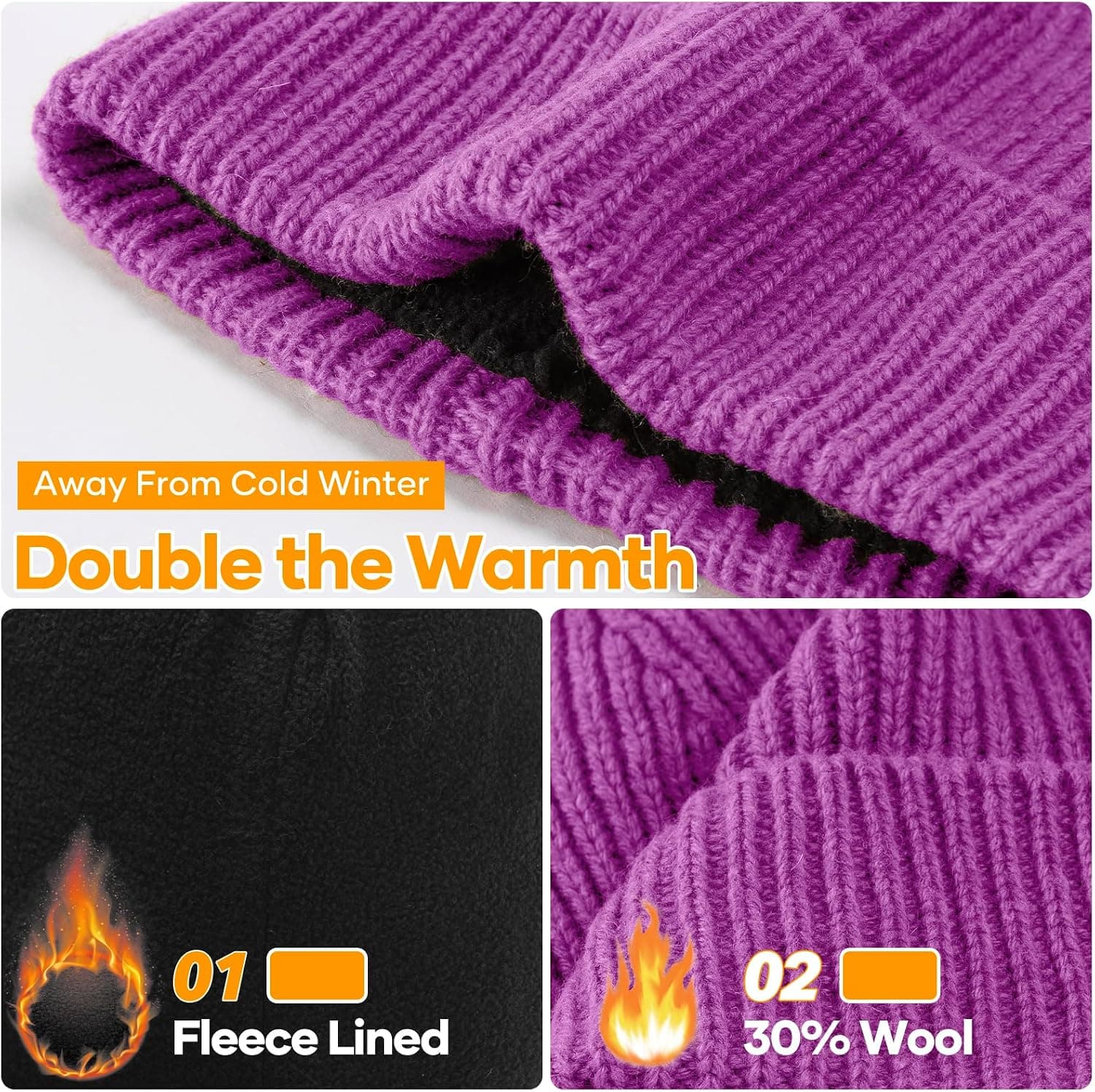 Unisex Wool Knit Cuffed Beanie, Fleece Lined, Purple — photo 3