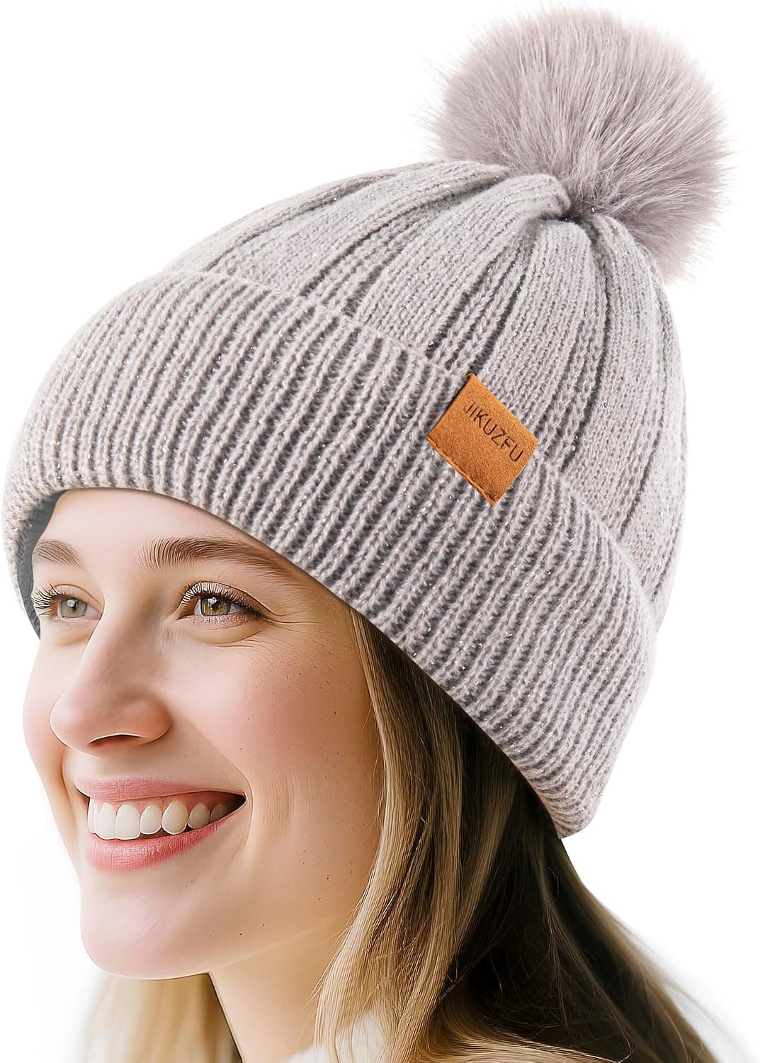 Women's Knit Beanie with Faux Fur Pom Pom, Gray — photo 3