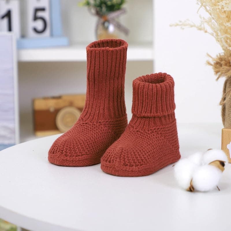 Baby Knit Booties, Non-Slip Stay-On Crib Shoes, Rust Red — photo 3