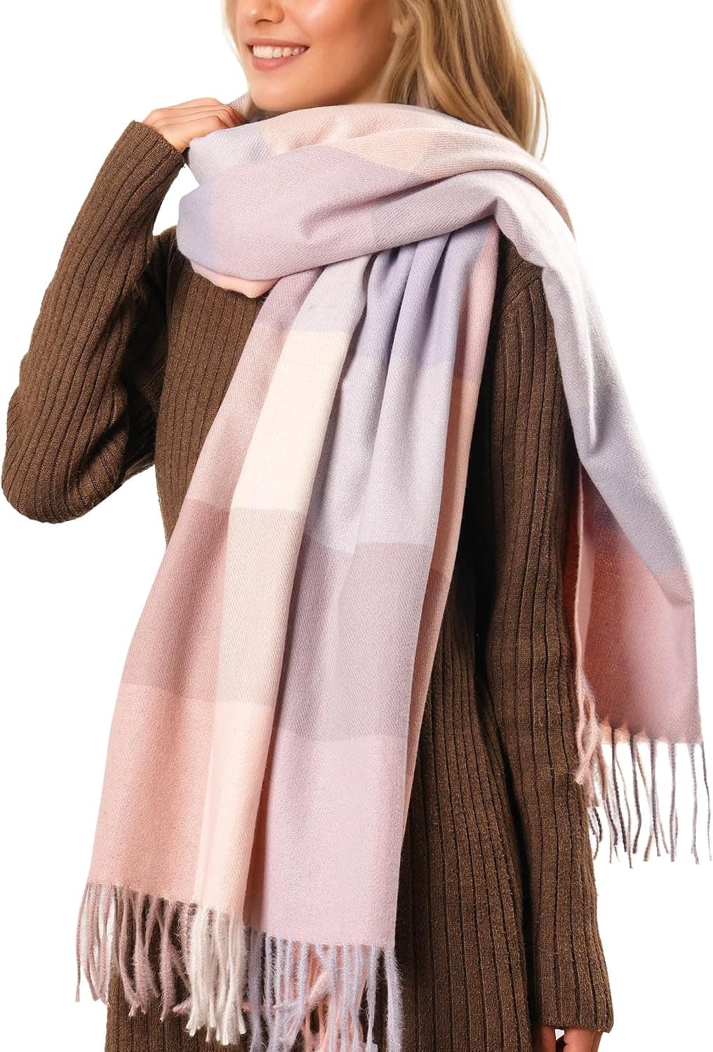 Women's Oversized Chunky Plaid Winter Scarf, Pink — photo 3