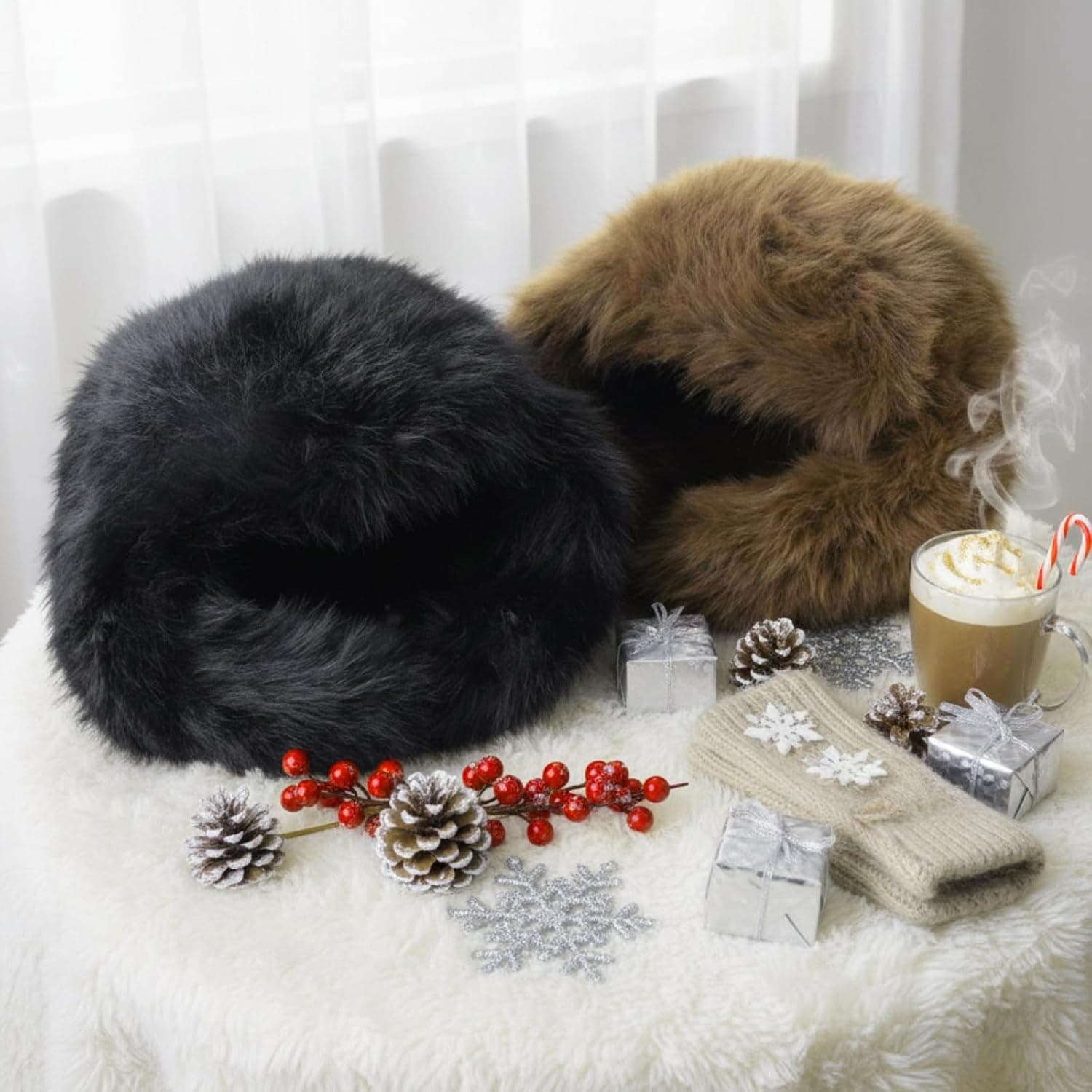 2 Pack Women's Faux Fur Trapper Hats, Black & Brown — photo 3