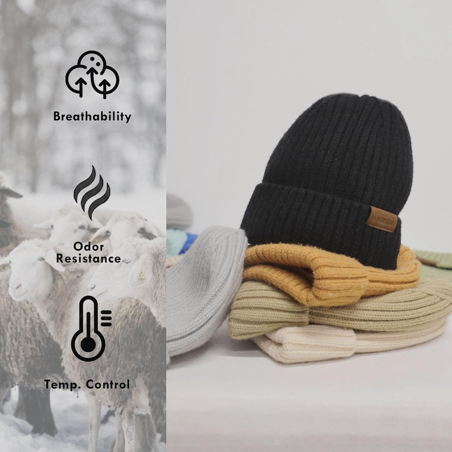 Unisex Merino Wool Blend Short Beanie, Double Layer Fleece, Black — photo 2