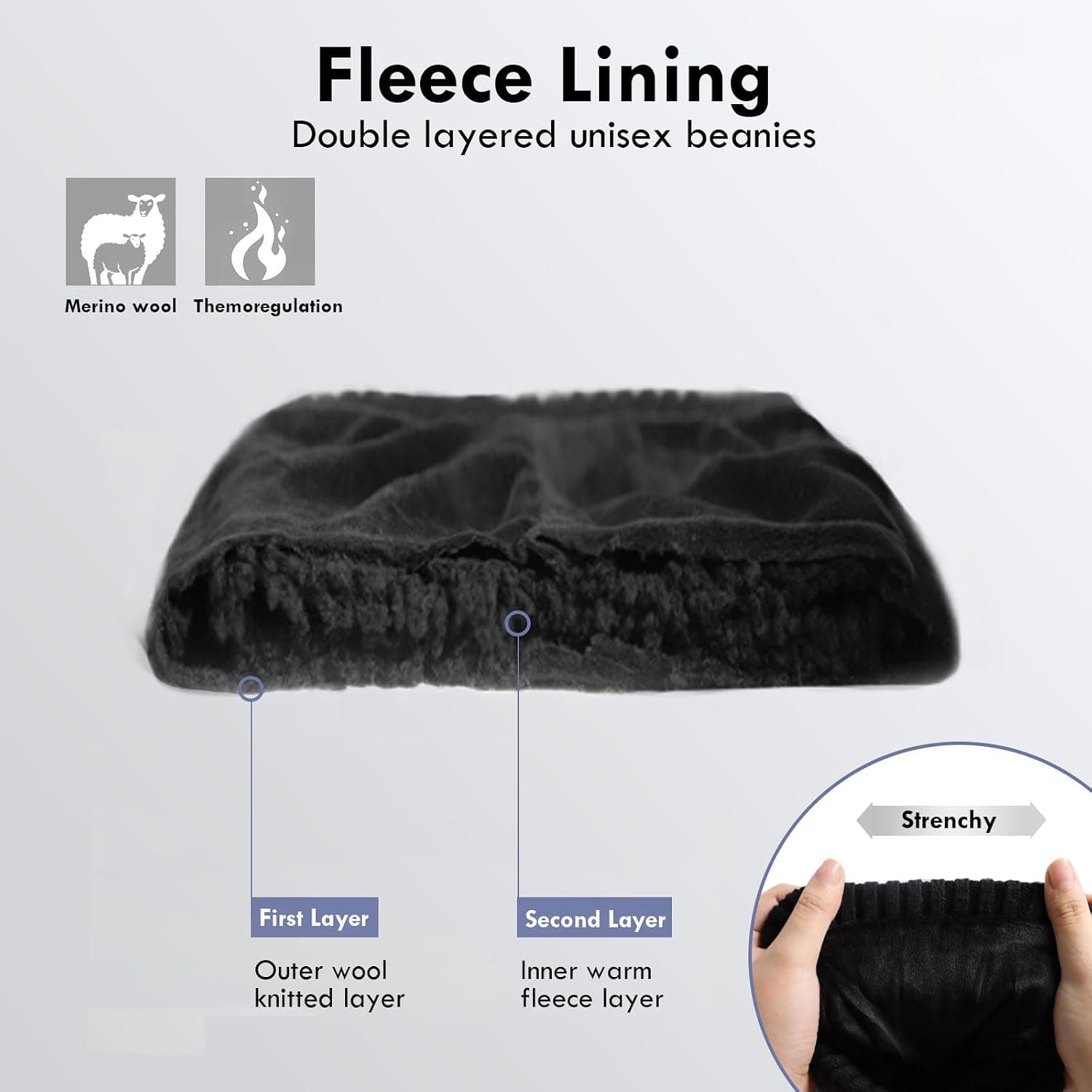 Unisex Merino Wool Blend Short Beanie, Double Layer Fleece, Black — photo 3