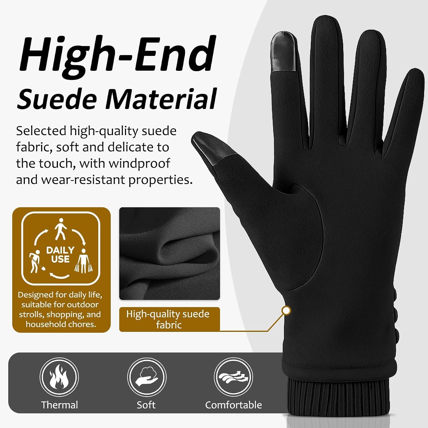 Women's Touch Screen Suede Winter Gloves, Fleece Lined, Black — photo 2