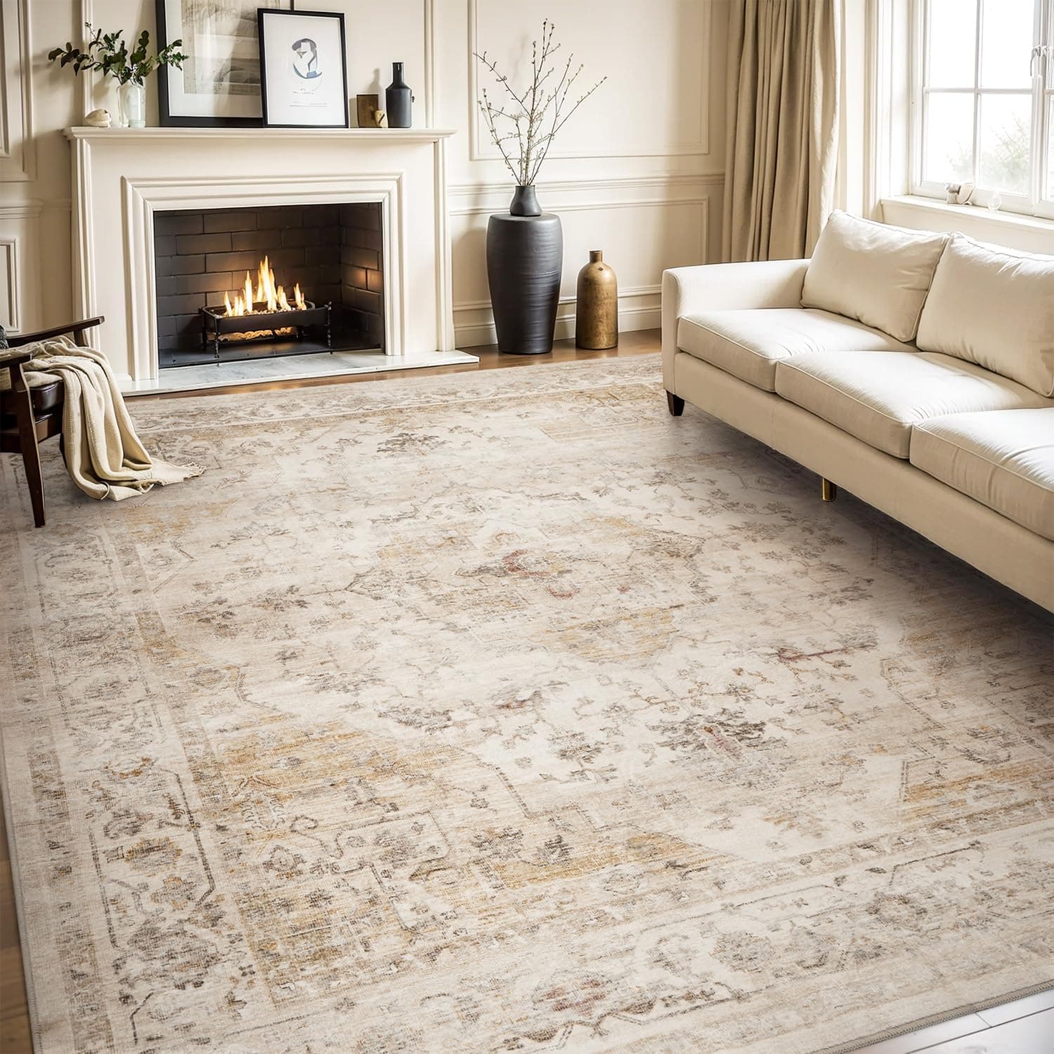 9 x 12 ft Vintage Area Rug, Non-Slip, Soft Beige — photo 2