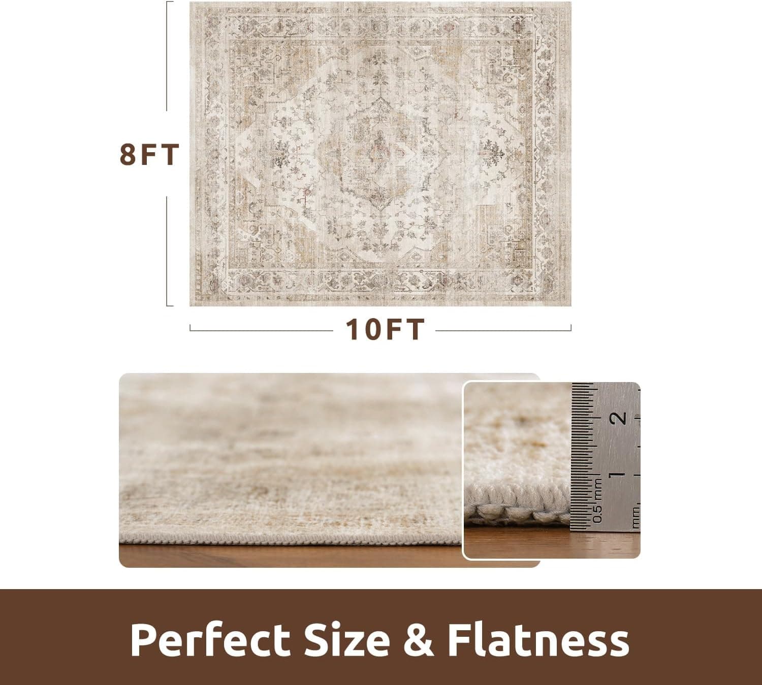 9 x 12 ft Vintage Area Rug, Non-Slip, Soft Beige — photo 3