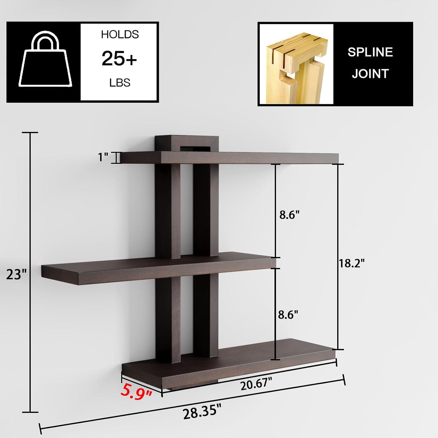 Wood Floating Shelves, Dark Walnut Color, 28.35" x 23" x 5.9" — photo 3