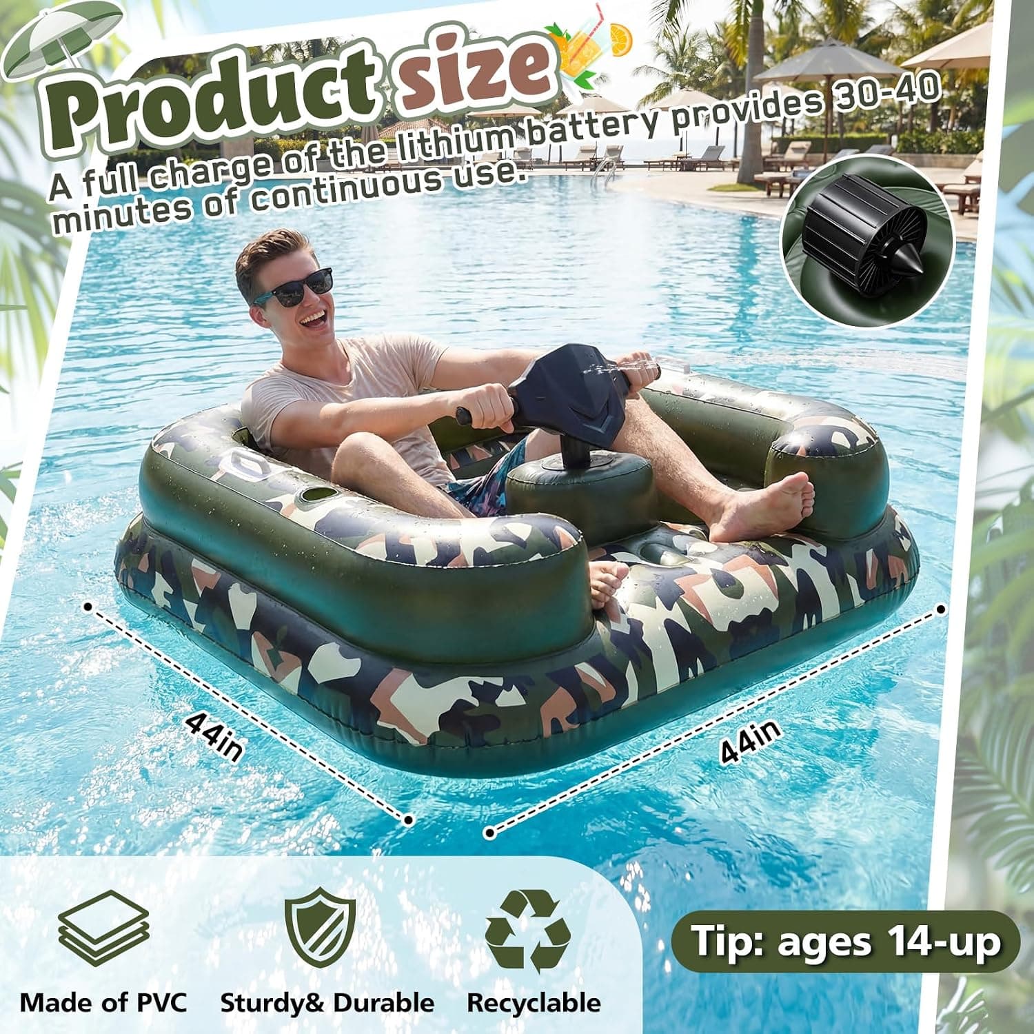 Motorized Inflatable Pool Float for Adults with Water Spray, 44 x 44 in, Camo — photo 2