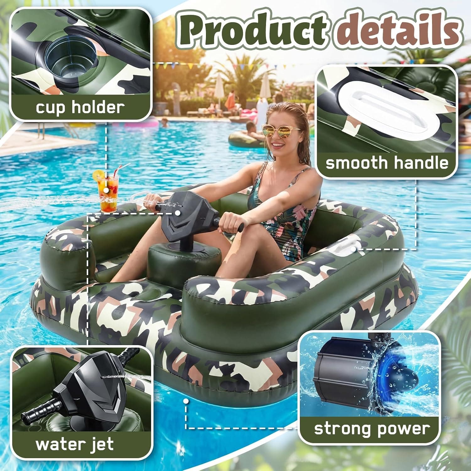 Motorized Inflatable Pool Float for Adults with Water Spray, 44 x 44 in, Camo — photo 3