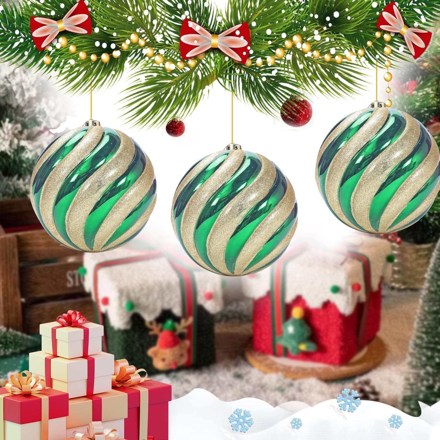 Extra Large Christmas Ball Ornaments, 8 in, Gold and Green, 4-Pack — photo 2