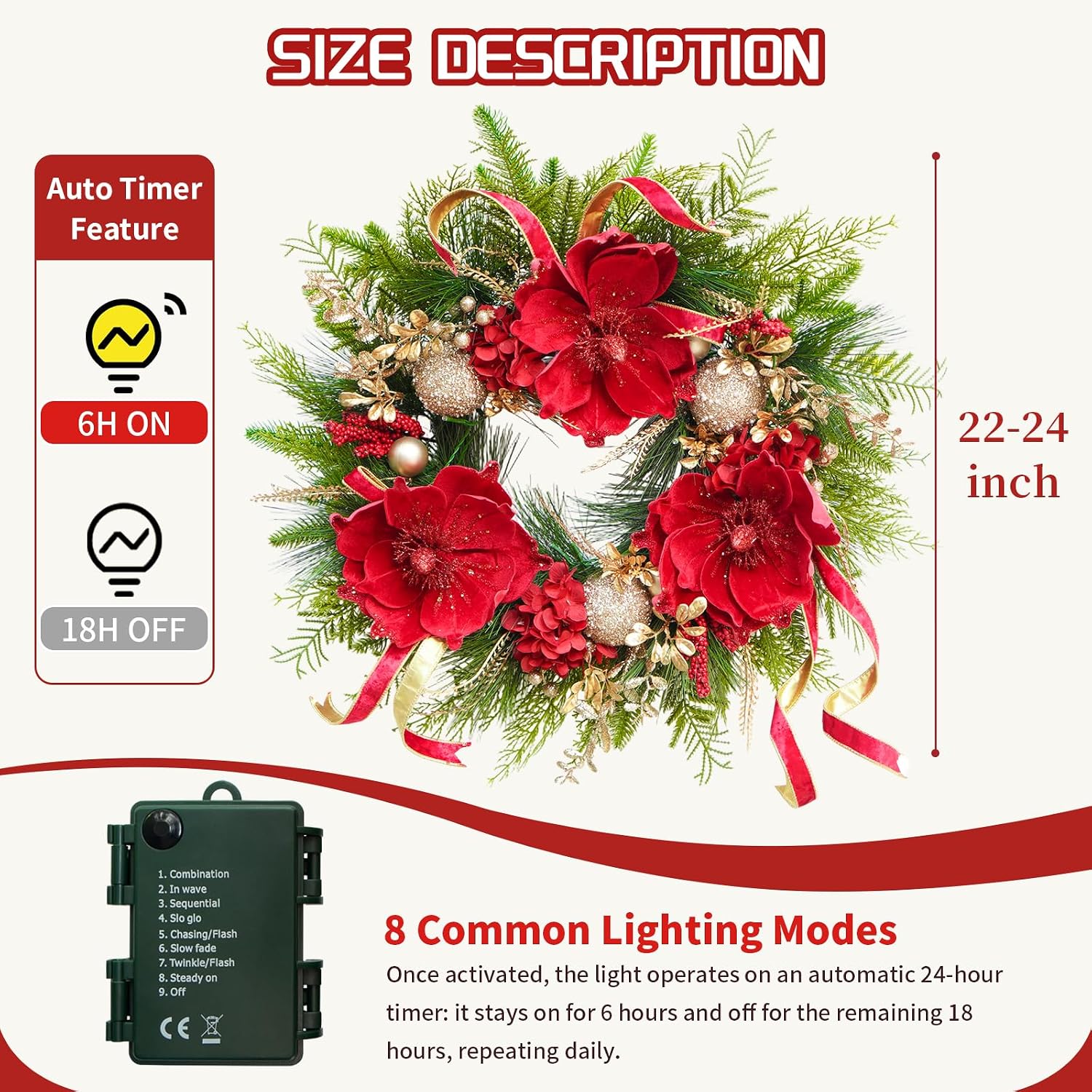 Red and Gold Christmas Wreath, 24 in, Double-Sided Ribbon — photo 2