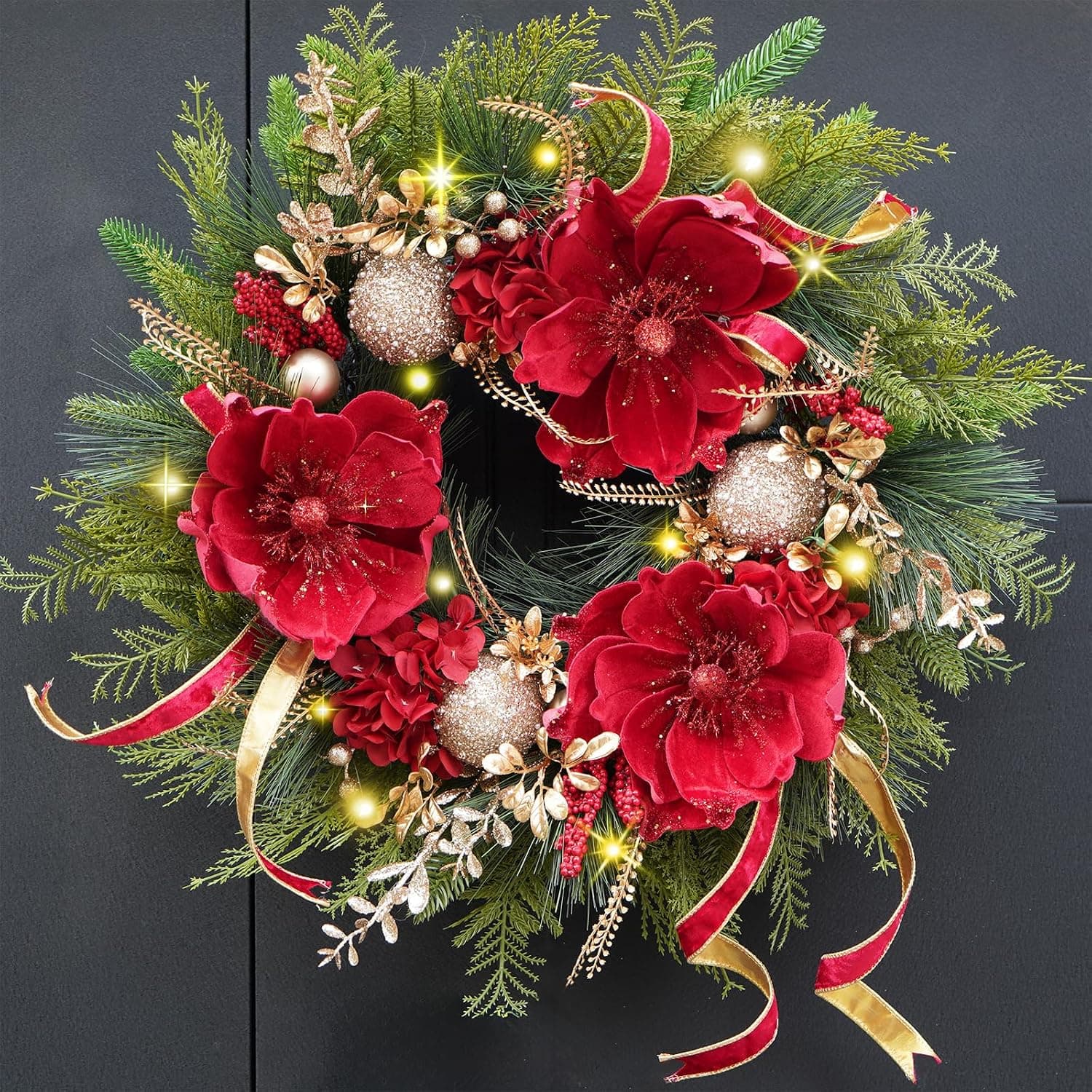 Red and Gold Christmas Wreath, 24 in, Double-Sided Ribbon — photo 3