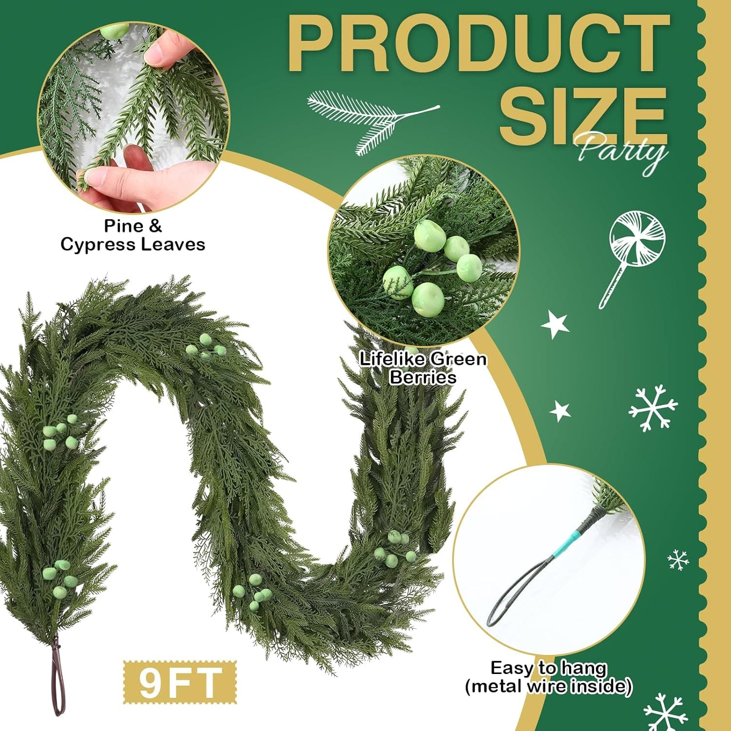 Norfolk Pine Cedar Christmas Garland with Berries, 9 ft — photo 2