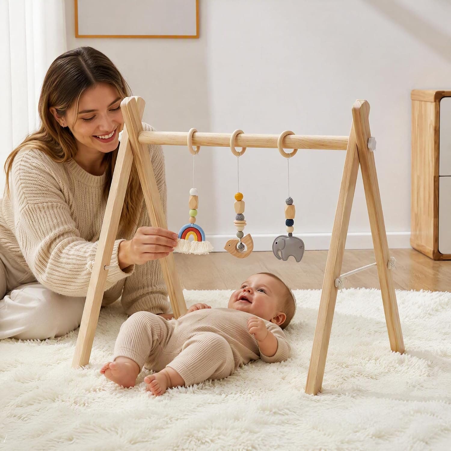 Wooden Baby Play Gym with 3 Hanging Toys — photo 3