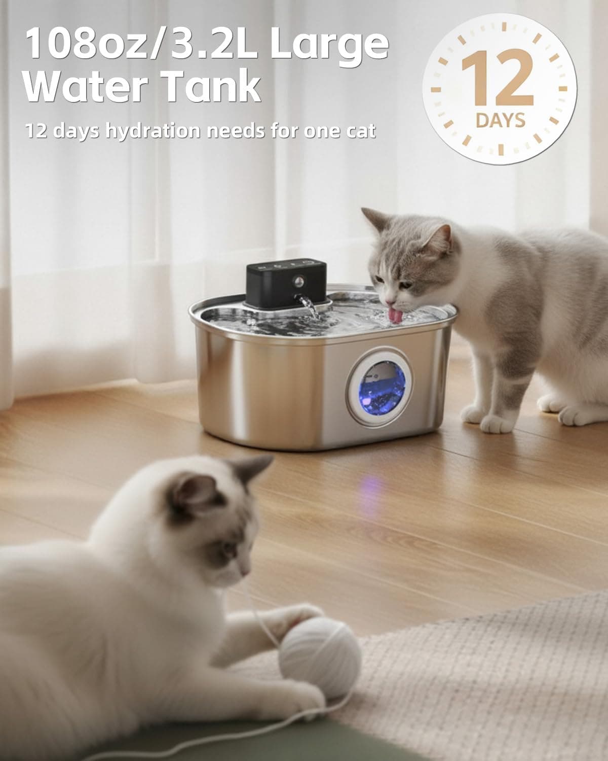 Cordless 3.2L/108oz Stainless Steel Cat Water Fountain Pet Fountain — photo 3