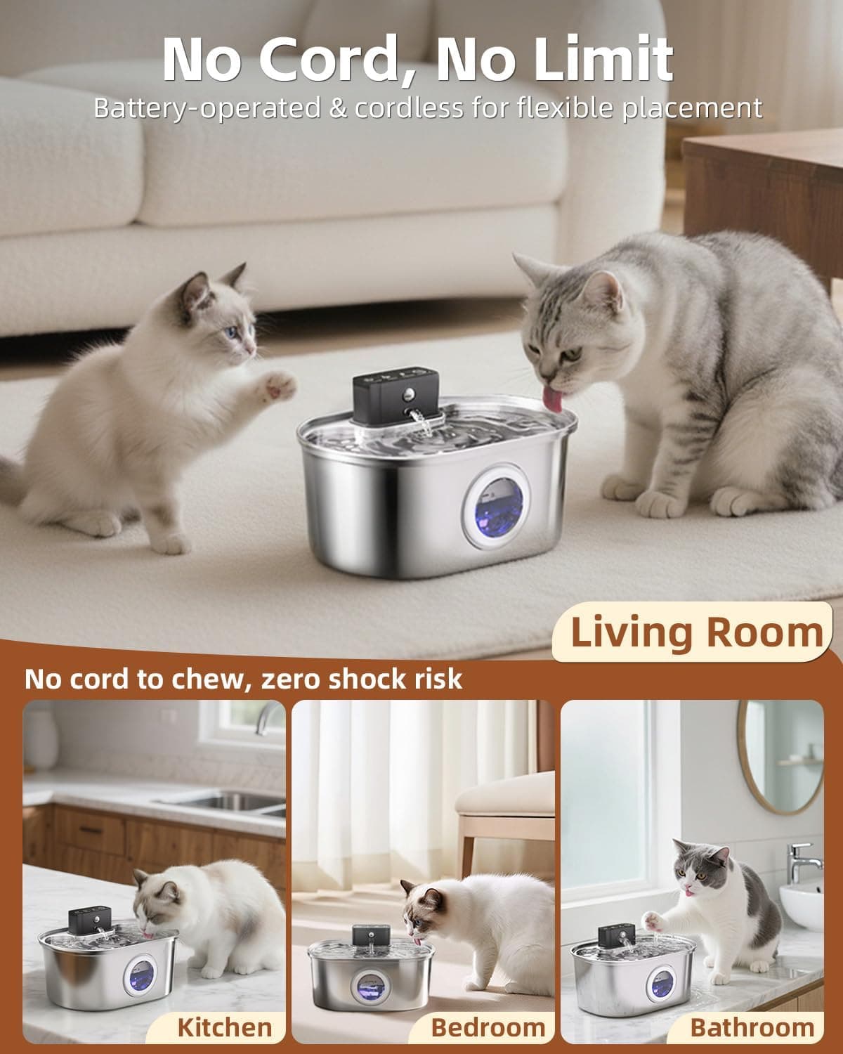 Cordless 3.2L/108oz Stainless Steel Cat Water Fountain Pet Fountain — photo 2