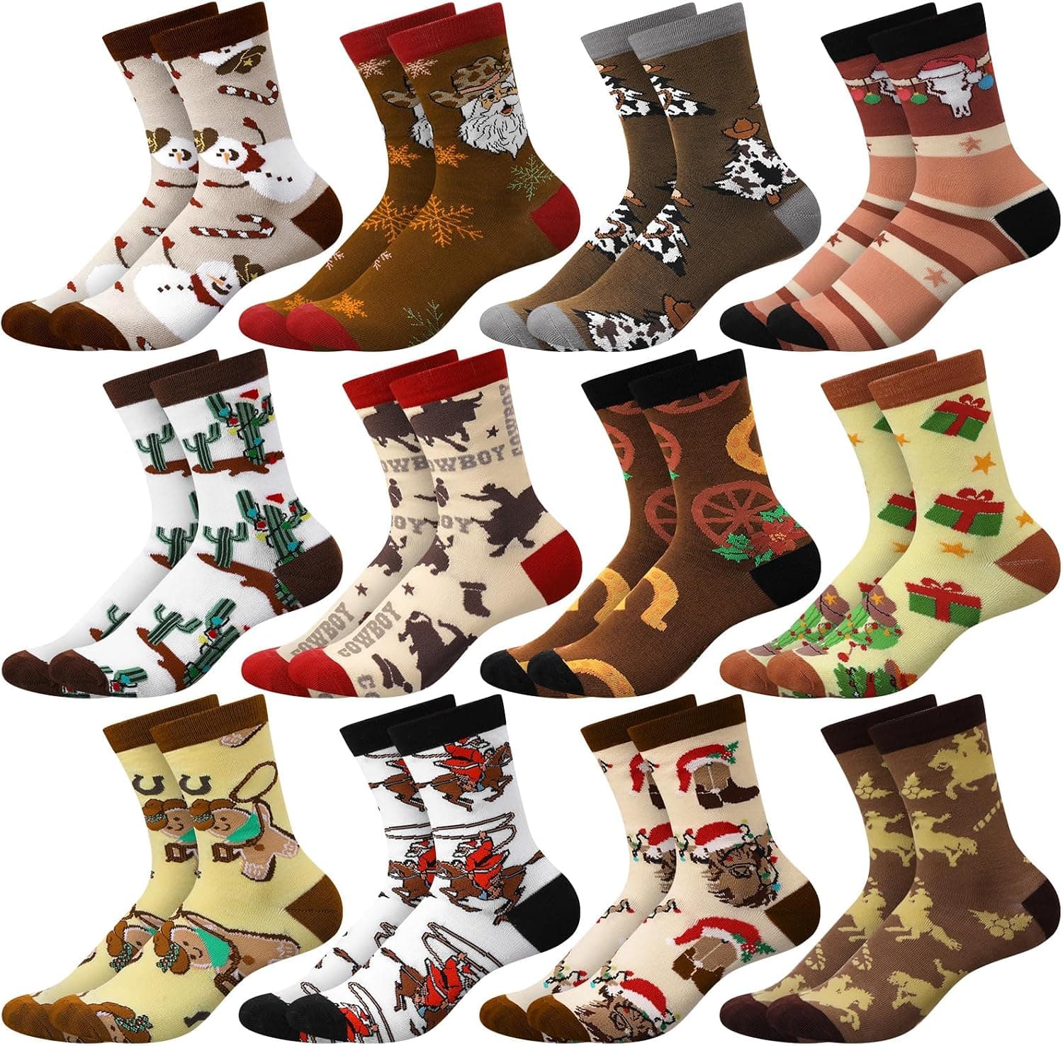 Glitopper 12 Pairs Western Christmas Socks Xmas Western Cowboy Cactus Highland Cow Santa… — photo 2